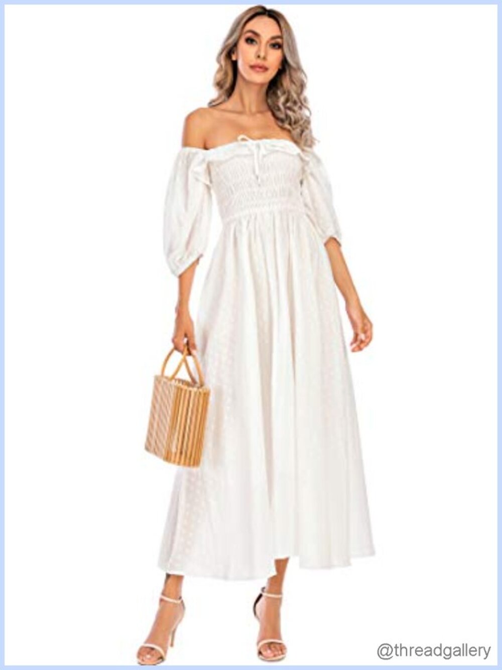 R.Vivimos Cotton A Line Midi Flowy Dress Square Neck Puff Sleeve Backless